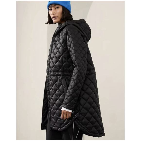 Athleta Whisper Featherless Parka Jacket Women Large Black Hooded Puffer Quilted - Picture 2 of 11